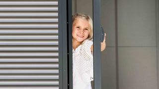 Szúnyoghálóval felszerelt forgóajtó Gyerek kinyitja a szúnyoghálóval felszerelt forgóajtót