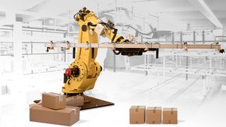 Roboter Sigi Gelber Roboter mit Paketen
